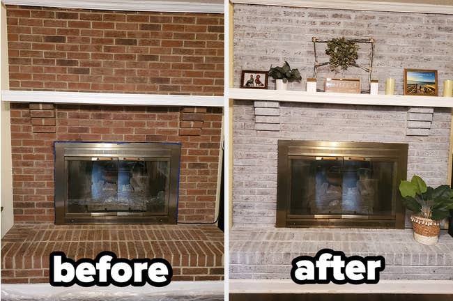 reviewer before photo of dated red brick fire place and after photo refreshed and updated with whitewash brick paint