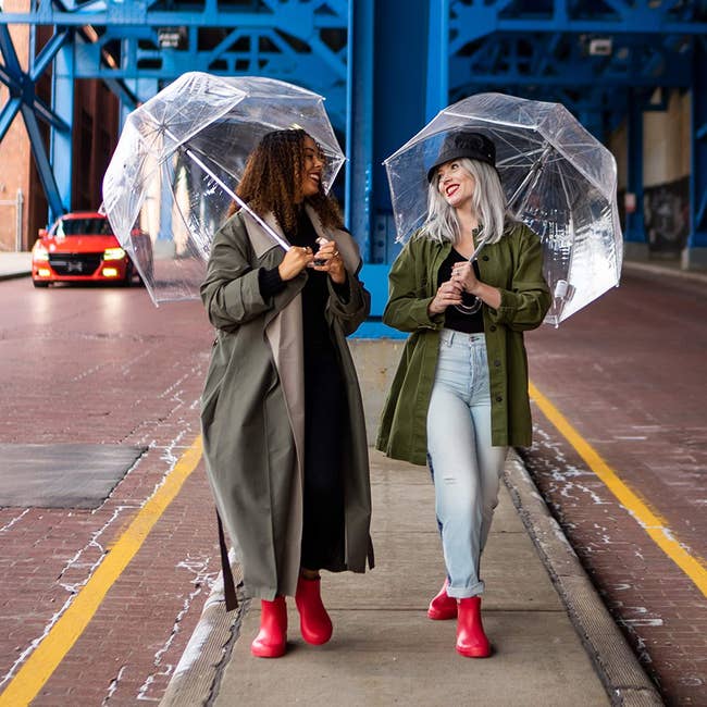 two stylishly dressed models using clear dome umbrellas
