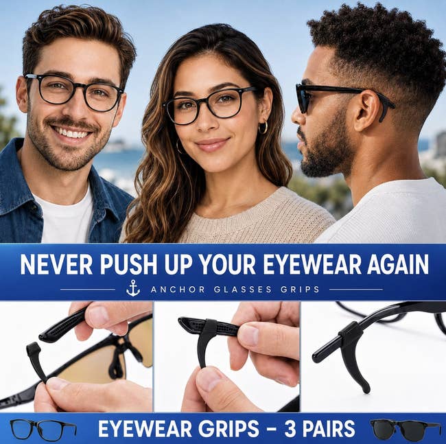 People wearing glasses with images of eyewear grips. Text highlights