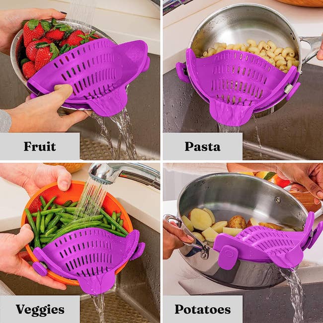 strainer being used to drain water from fruit, pasta, veggies, and potatoes