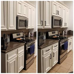 reviewers kitchen before and after adding black handles