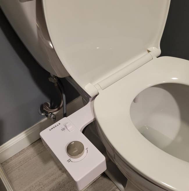 Bidet attachment next to a closed toilet; suitable for bathroom upgrading articles