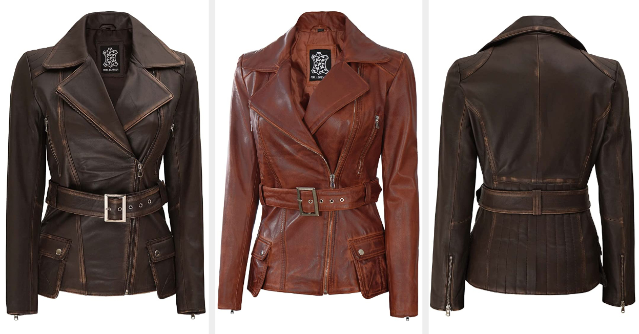 Three images of brown leather jackets