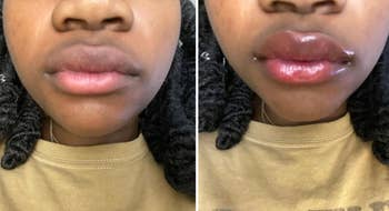 A reviewer's before and after showing more moisturized, glossy pink lips