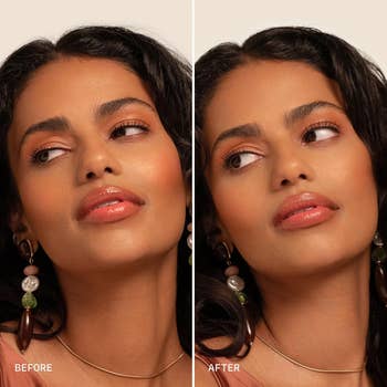 Woman successful  close-up earlier  and aft  constitution  application, highlighting glossy lips and subtle oculus  enhancements