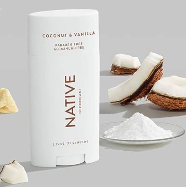 Native deodorant with coconut and vanilla scents, paraben and aluminum-free, displayed with ingredients