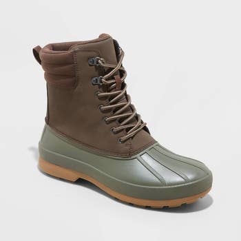 a green and brown duck boot