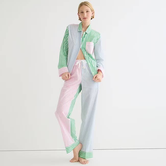 model in green blue white and pink stripe long sleeve set