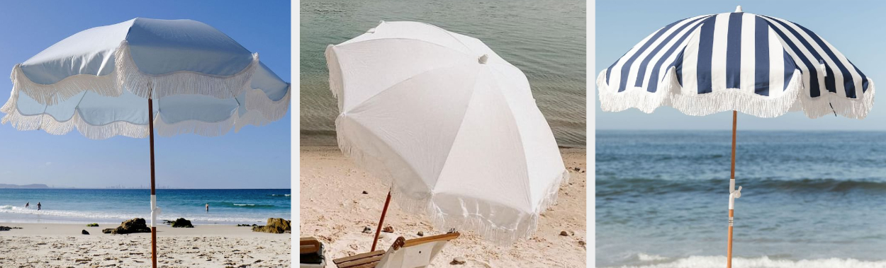 Three images of blue and white umbrellas