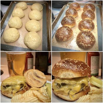 a four picture collage of hamburger buns and a hamburger with fries