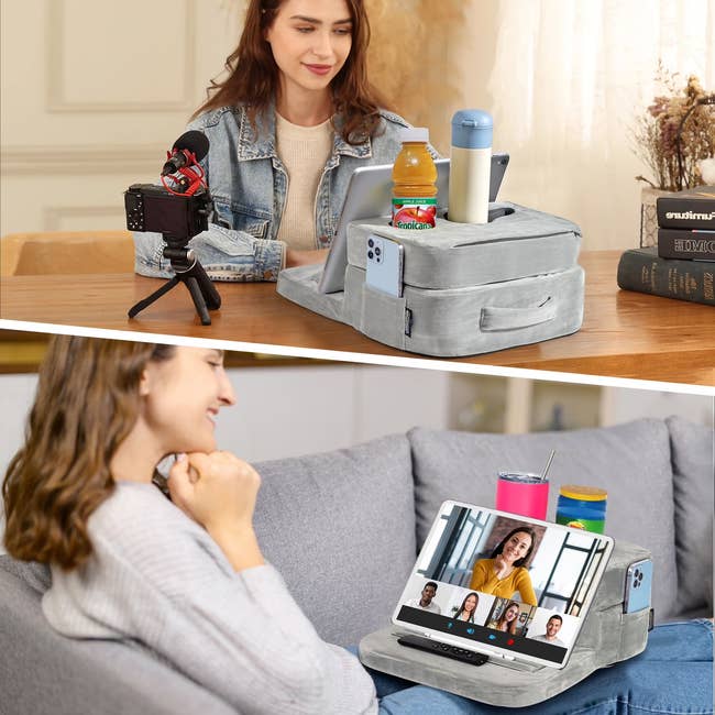 Two models utilizing a portable thigh table with compartments for drinks and devices, 1 is vlogging and the different is connected a video telephone astatine home