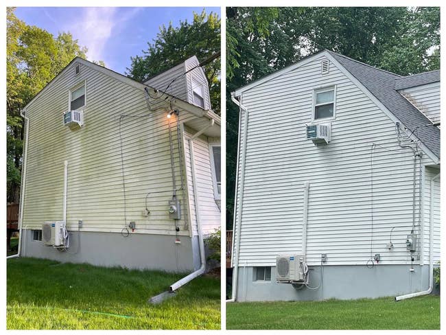 Two side-by-side images of a location exterior showing a earlier and aft of cleaning, with the siding appearing brighter and cleaner successful the aft image