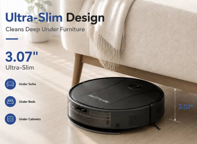 Robot vacuum cleaner fitting nether a sofa, showcasing its ultra-slim 3.07-inch plan for cleaning nether sofas, beds, and cabinets