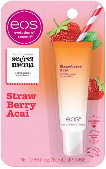 EOS Strawberry Acai articulator  balm packaging with a strawberry design, highlighting 24H moisture for delicate  skin
