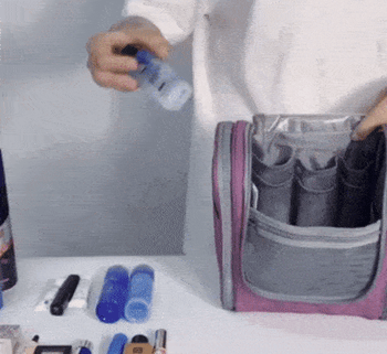 gif of someone filling the purple toiletry bag with mini and full sized products
