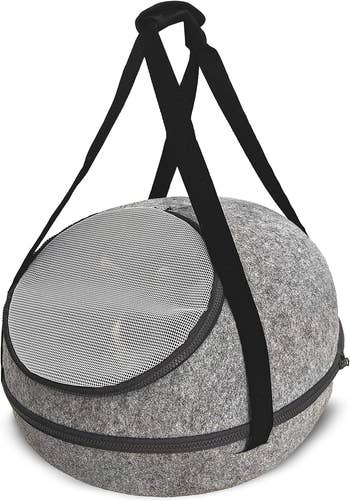 Round pet carrier with mesh top and shoulder strap