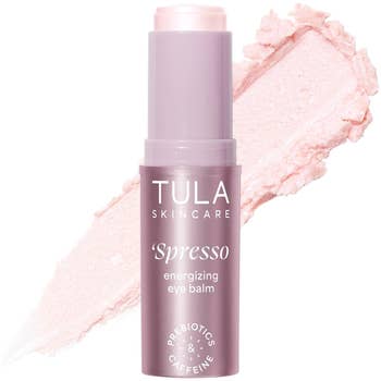 TULA Skincare's ‘Spresso Energizing Eye Balm with prebiotics and caffeine, shown alongside a swatch of its texture
