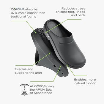 clogs against a achromatic  inheritance  with substance   pointing retired  features similar  arch support, oofoam tech, and the APMA Seal of Acceptance