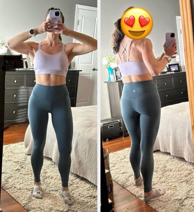reviewer mirror selfie showing the front and back of the gray leggings