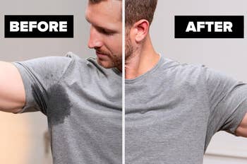 Man in gray shirt showing underarm sweat stains in