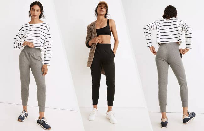 Three images of models wearing gray and black joggers