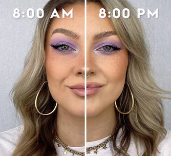 before and after revealing a 12 hour difference of someone's makeup using the setting spray