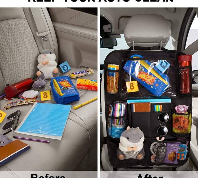 a before and after for the car seat organizer