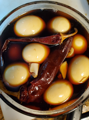 reviewer image of hard boiled eggs marinating 