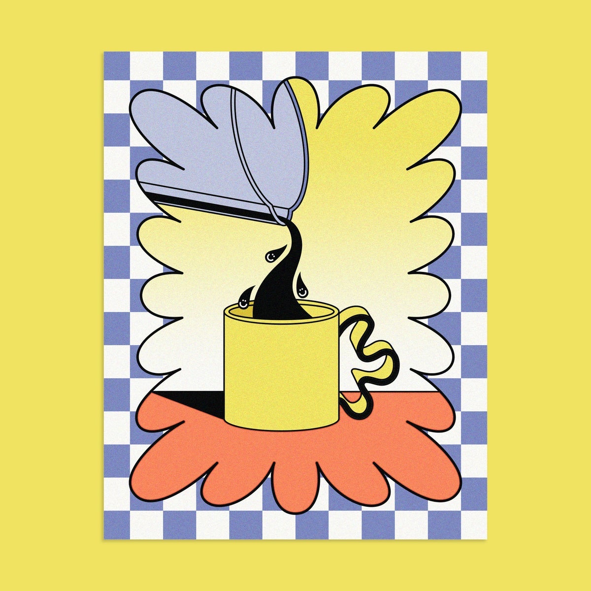 print of coffee being poured into a cup in bright yellow, and orange with purple checked pattern border