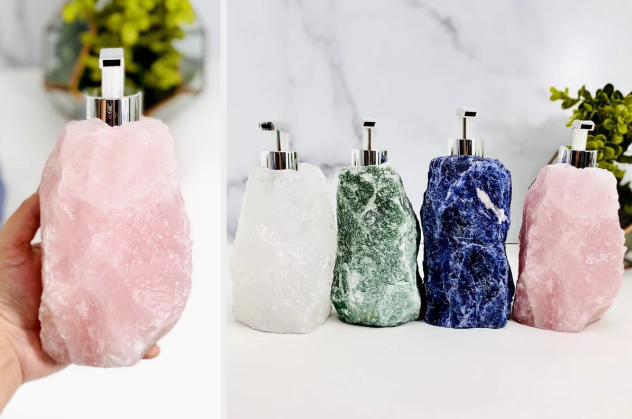 Image of four different colored soaps with silver pumps