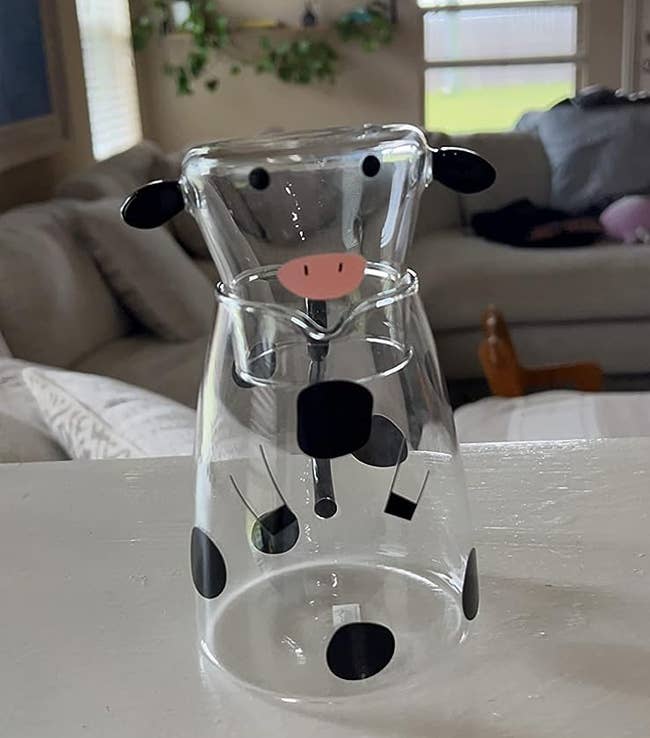 The cow pitcher standing on reviewer's countertop 