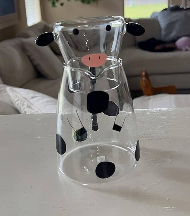 The cow pitcher standing on reviewer's countertop 