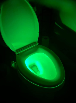 a reviewer photo of the same toilet bowl illuminated green 