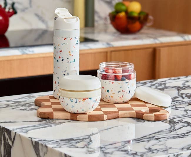 the bowls in a white silicone with colorful terrazzo design