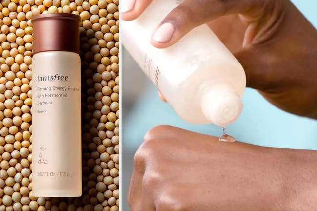 Brown bottle of firming essence lying on top of soybeans, model applying product to their hand