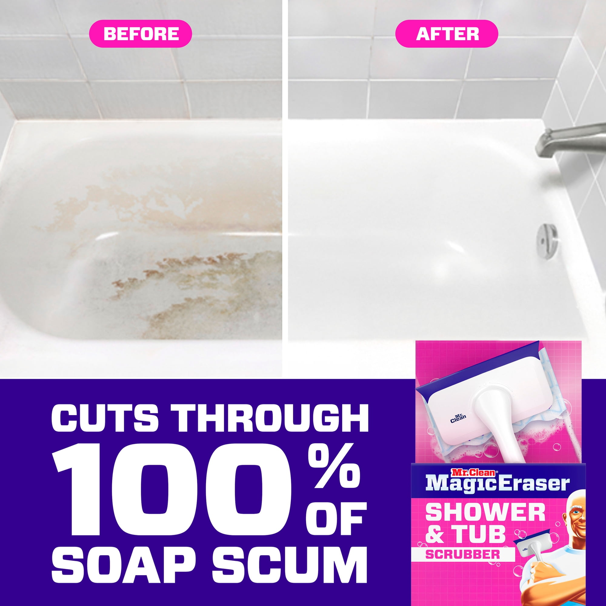 Before-and-after of a tub cleaned utilizing the Mr. Clean MagicEraser Shower & Tub Scrubber, with substance   emphasizing its efficacy connected  soap scum
