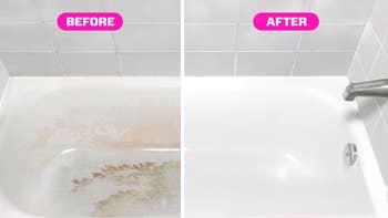 Before-and-after of a tub cleaned utilizing the Mr. Clean MagicEraser Shower & Tub Scrubber, with substance emphasizing its efficacy connected soap scum