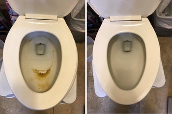 before and after pic of a dirty toilet bowl made clean 