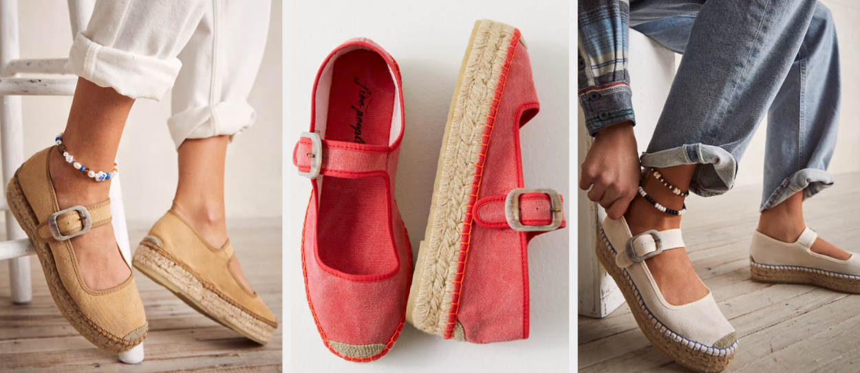 Three images of the tan, red, and natural espadrille shoes