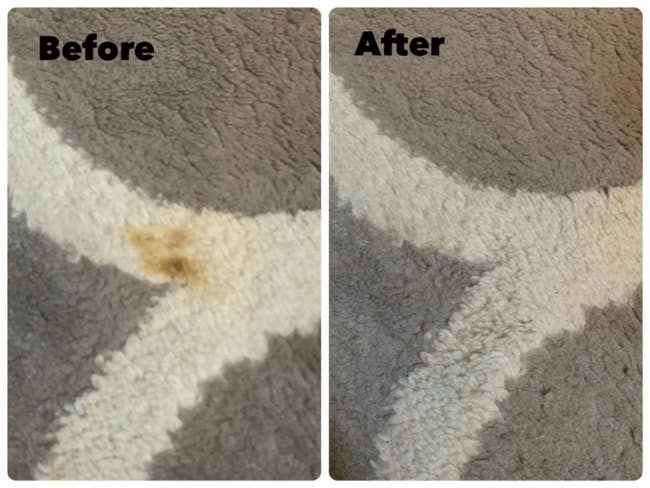 reviewer before and after images of a pet mess on a gray carpet that then disappears after using the spray