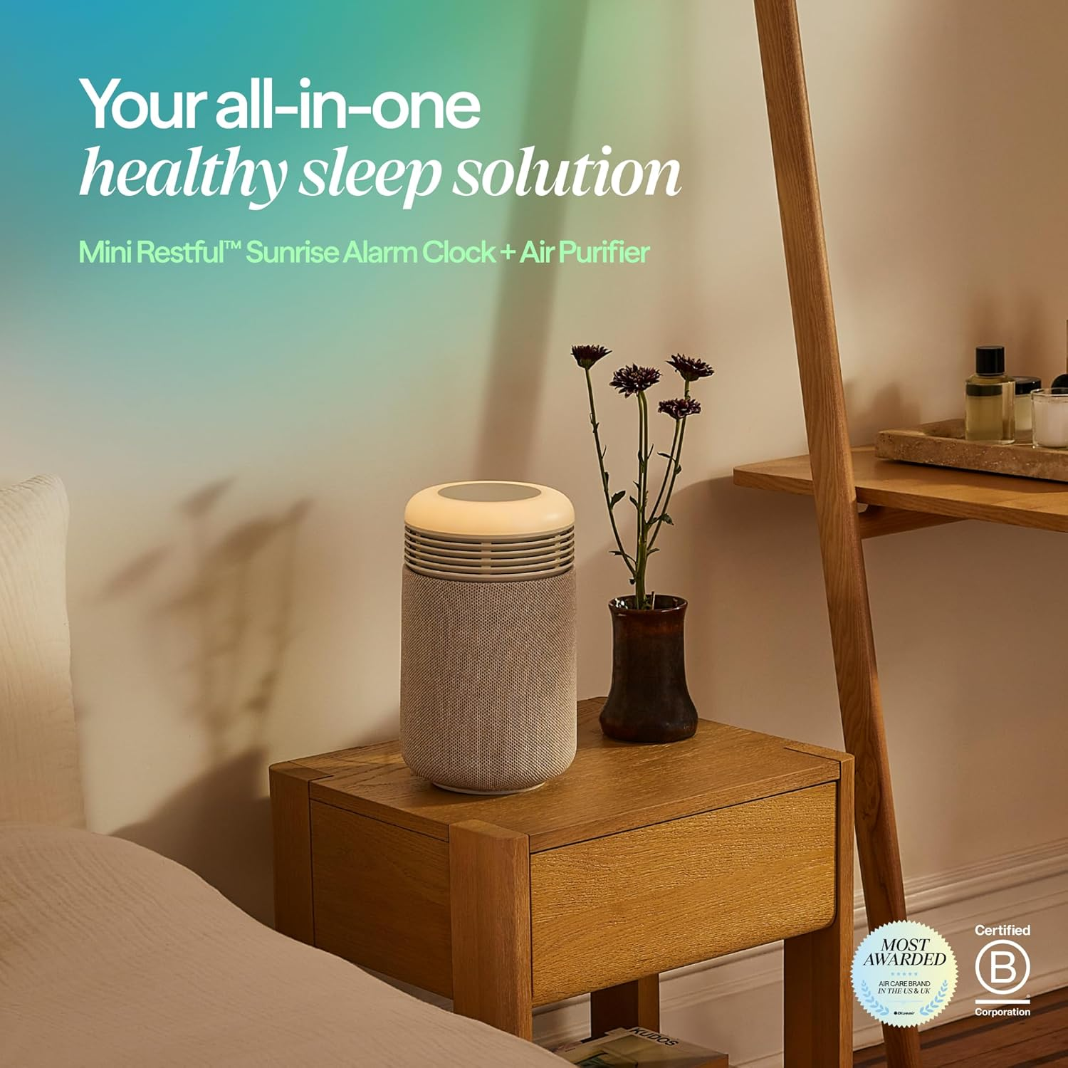Bedside array  with a mini sunrise alarm timepiece  and aerial  purifier. Text highlights the merchandise  arsenic  a broad   steadfast   slumber  solution
