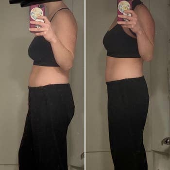before and after of a reviewer slouching without the corrector on and standing with better posture with it on