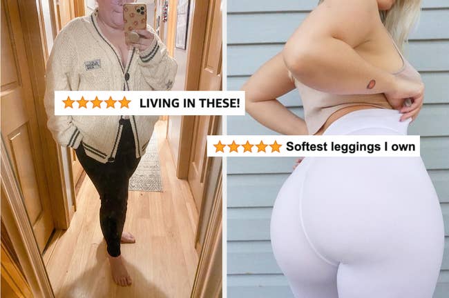 One reviewer in the black leggings with text 