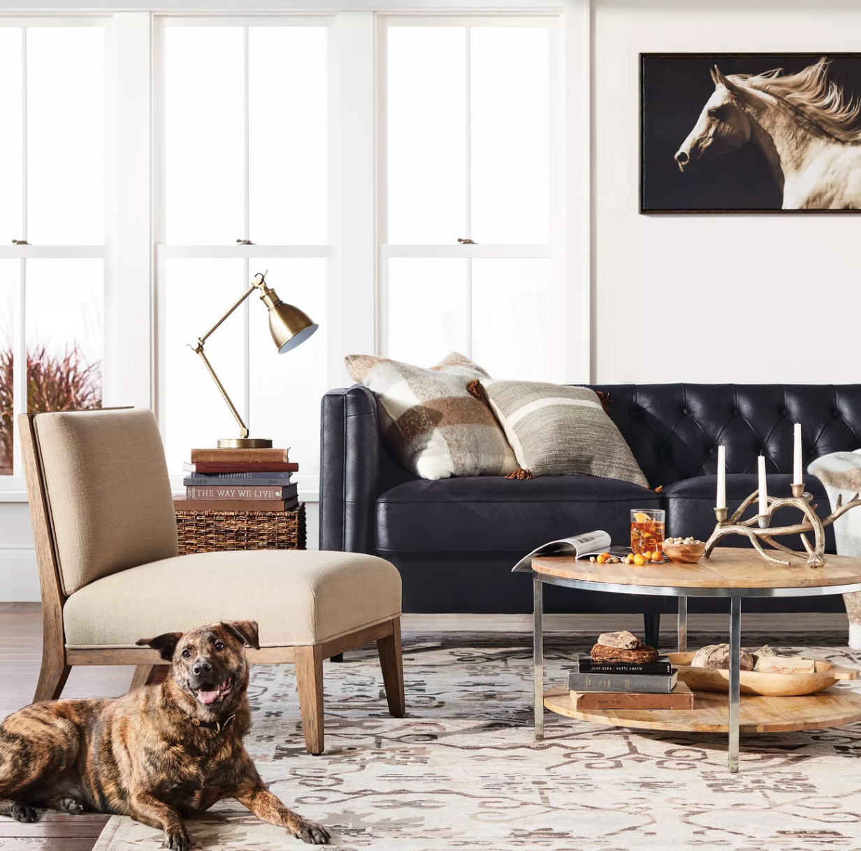 the coffee table with two tiers, in a living room