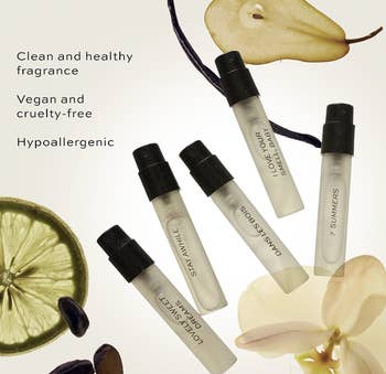 Perfume illustration vials with fruits and flowers; labeled