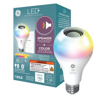 GE LED+ airy bulb with built-in Bluetooth speaker, color-changing feature. Box displays merchandise specs and a brightness informing label