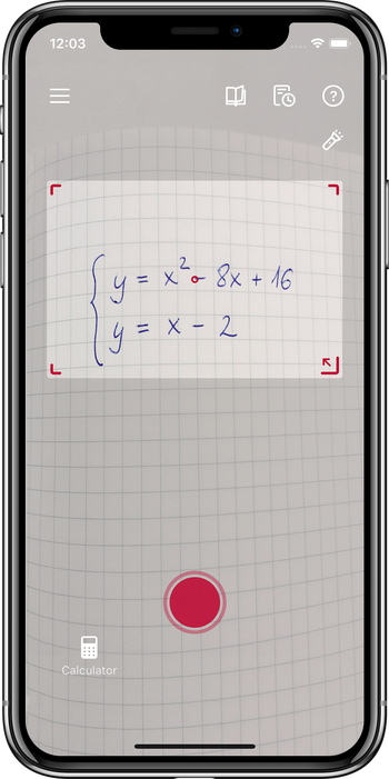 a product shot of someone taking a photo of a math problem via the app