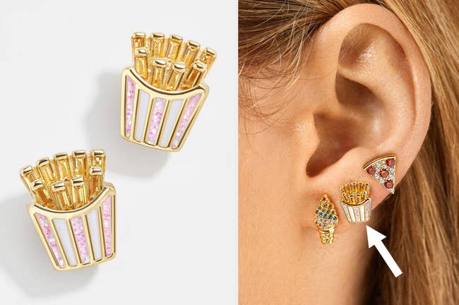 Two images of the fries earrings along with pizza and ice cream cone earrings