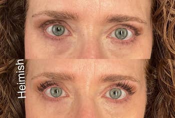 reviewer's eyes earlier and aft utilizing Heimish mascara, showing enhanced lashes and oculus definition