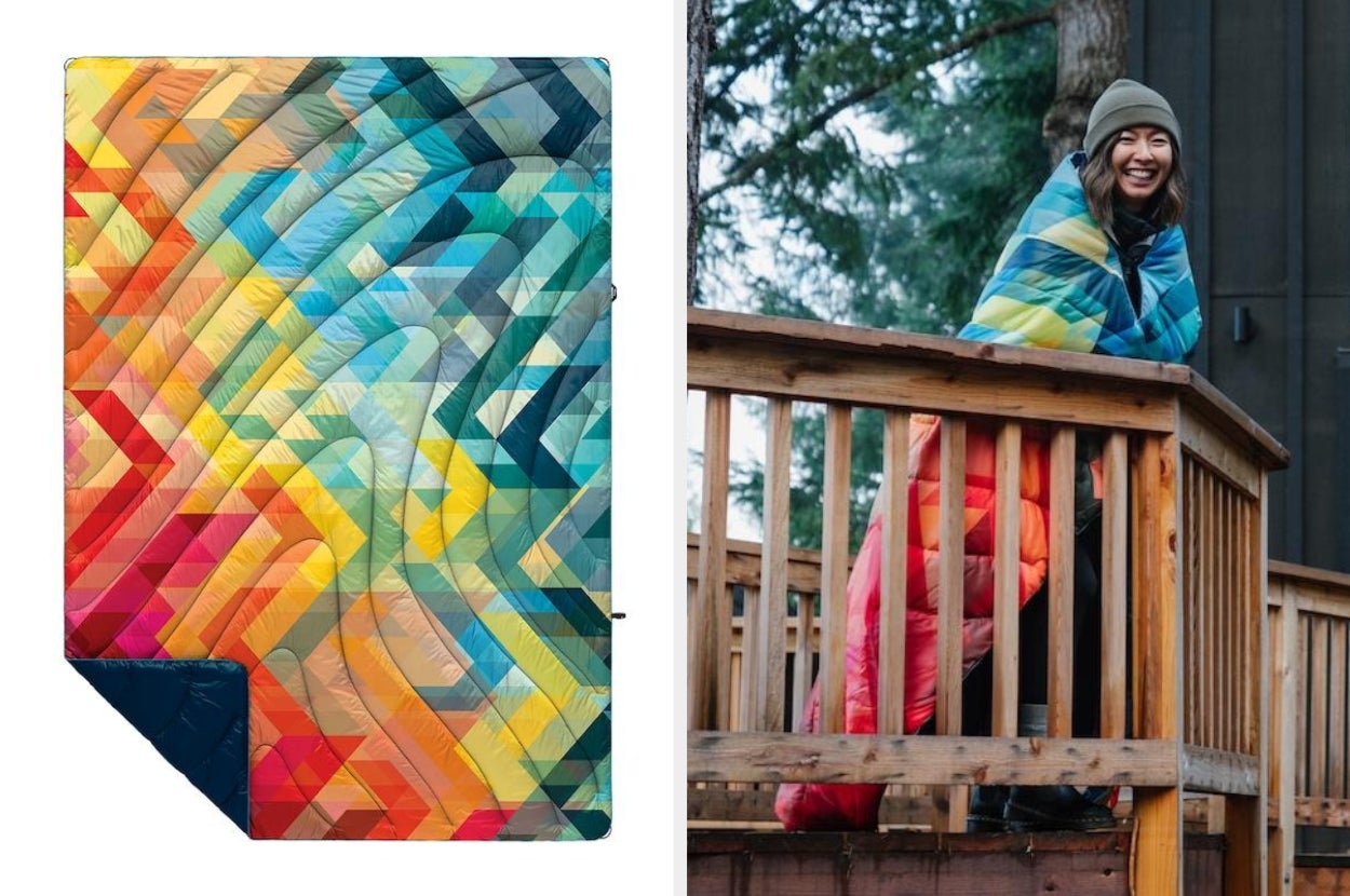 Red, orange, yellow, blue, and green blanket with a navy blue side on white background, and model wrapped in blanket on a wooden porch and a hat on